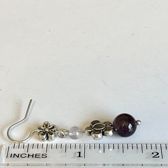 Lavender Purple Amethyst Bead Earrings Silver Plated Flower Dangle Semiprecious - Picture 7 of 7